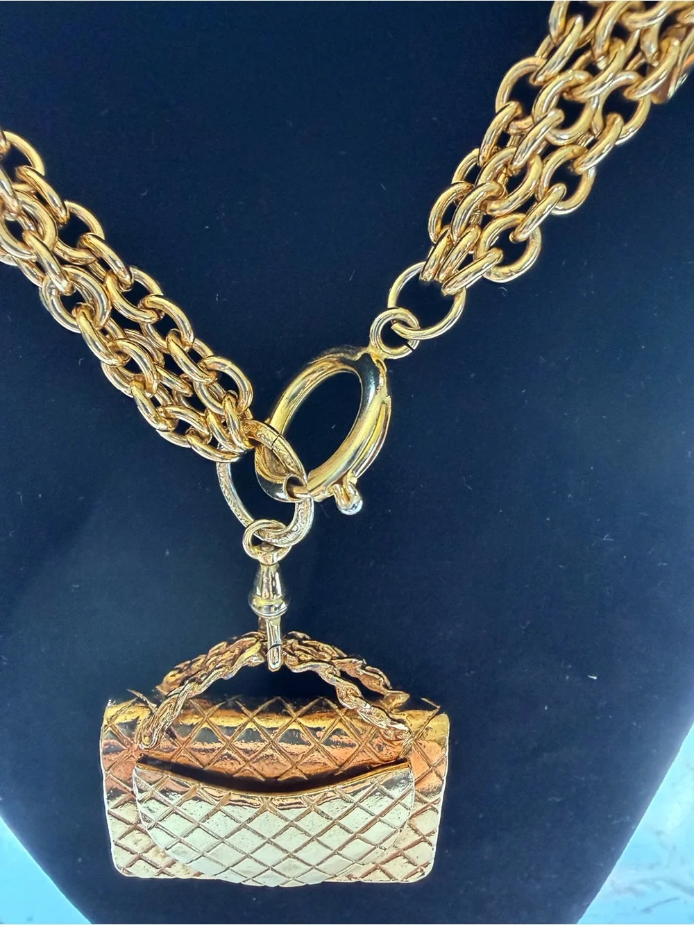 Rare Vintage CHANEL Triple Strand Classic Flap Bag Pendant Necklace